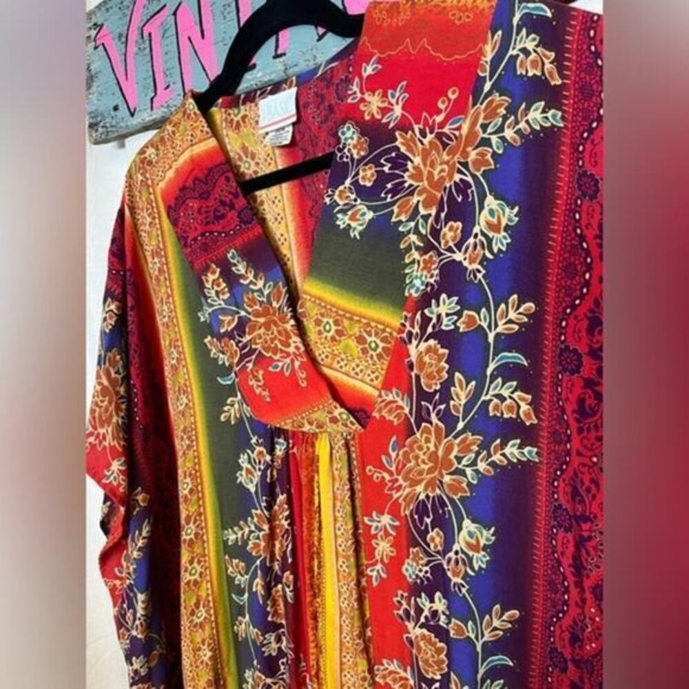 Vintage Colorful Floral Rainbow Dopamine Summer Kaftan Caftan Dress 100% Rayon 8